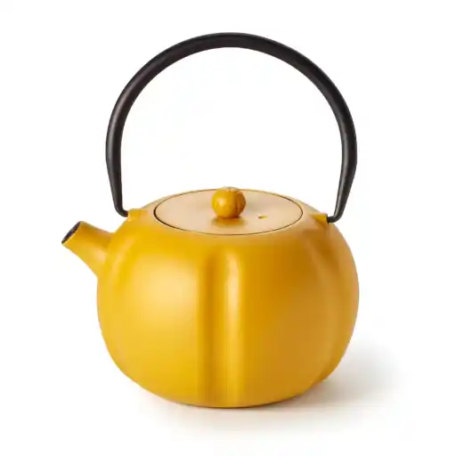 Teepannu Kaiwen. Keltainen valurautapannu.
